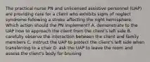 The practical nurse PN and unlicensed assistive personnel (UAP) are providing care for a client who exhibits signs of neglect syndrome following a stroke affecting the right hemisphere. Which action should the PN implement? A. demonstrate to the UAP how to approach the client from the client's left side B. carefully observe the interaction between the client and family members C. instruct the UAP to protect the client's left side when transferring to a chair D. ask the UAP to leave the room and assess the client's body for bruising