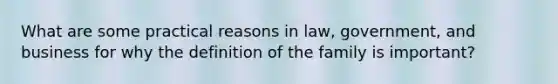 What are some practical reasons in law, government, and business for why the definition of the family is important?