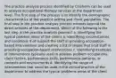 The practice analysis process identified by Chisholm can be used to analyze occupational therapy services at the department level. The first step of the process is to identify the demographic characteristics of the practice setting and client population. The final step in the practice analysis process extends beyond the direct services of the department. Which of the following is the last step in the practice analysis process? a. Identifying the typical problem areas of the clients b. Identifying circumstances and conditions that support the staff in providing occupation-based interventions and creating a list of issues that limit staff in providing occupation-based interventions c. Identifying examples of interventions typically used to address problem occupations, client factors, performance skills, performance patterns, or contexts and environments d. Identifying the range of interventions that could be used in the clinical practice of the department to address the typical problems areas of the client