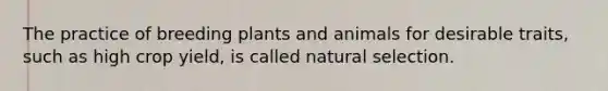 The practice of breeding plants and animals for desirable traits, such as high crop yield, is called natural selection.