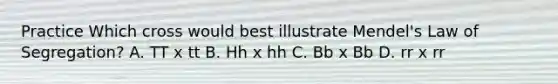 Practice Which cross would best illustrate Mendel's Law of Segregation? A. TT x tt B. Hh x hh C. Bb x Bb D. rr x rr