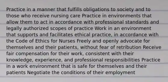 Practice in a manner that fulfills obligations to society and to those who receive nursing care Practice in environments that allow them to act in accordance with professional standards and legally authorized scopes of practice Work in an environment that supports and facilitates ethical practice, in accordance with the Code of Ethics for Nurses Freely and openly advocate for themselves and their patients, without fear of retribution Receive fair compensation for their work, consistent with their knowledge, experience, and professional responsibilities Practice in a work environment that is safe for themselves and their patients Negotiate the conditions of their employment