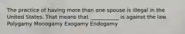 The practice of having more than one spouse is illegal in the United States. That means that ___________ is against the law. Polygamy Monogamy Exogamy Endogamy