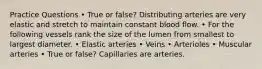 Practice Questions • True or false? Distributing arteries are very elastic and stretch to maintain constant blood flow. • For the following vessels rank the size of the lumen from smallest to largest diameter. • Elastic arteries • Veins • Arterioles • Muscular arteries • True or false? Capillaries are arteries.