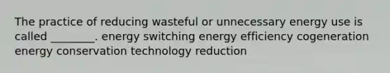 The practice of reducing wasteful or unnecessary energy use is called ________. energy switching energy efficiency cogeneration energy conservation technology reduction