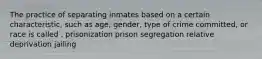 The practice of separating inmates based on a certain characteristic, such as age, gender, type of crime committed, or race is called . prisonization prison segregation relative deprivation jailing