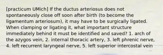 [practicum UMich] If the ductus arteriosus does not spontaneously close off soon after birth (to become the ligamentum arteriosum), it may have to be surgically ligated. When clamping or ligating it, what important structure immediately behind it must be identified and saved? 1. arch of the azygos vein, 2. internal thoracic artery, 3. left phrenic nerve, 4. left recurrent laryngeal nerve, 5. left superior intercostal vein