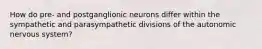 How do pre- and postganglionic neurons differ within the sympathetic and parasympathetic divisions of the autonomic nervous system?