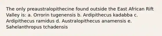 The only preaustralopithecine found outside the East African Rift Valley is: a. Orrorin tugenensis b. Ardipithecus kadabba c. Ardipithecus ramidus d. Australopithecus anamensis e. Sahelanthropus tchadensis