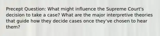 Precept Question: What might influence the Supreme Court's decision to take a case? What are the major interpretive theories that guide how they decide cases once they've chosen to hear them?