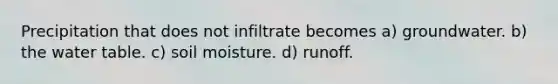 Precipitation that does not infiltrate becomes a) groundwater. b) the water table. c) soil moisture. d) runoff.
