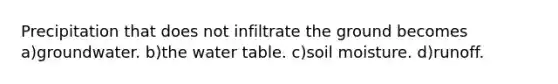 Precipitation that does not infiltrate the ground becomes a)groundwater. b)<a href='https://www.questionai.com/knowledge/kra6qgcwqy-the-water-table' class='anchor-knowledge'>the water table</a>. c)soil moisture. d)runoff.