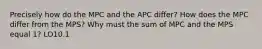 Precisely how do the MPC and the APC differ? How does the MPC differ from the MPS? Why must the sum of MPC and the MPS equal 1? LO10.1