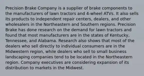 Precision Brake Company is a supplier of brake components to the manufacturers of lawn tractors and 4-wheel ATVs. It also sells its products to independent repair centers, dealers, and other wholesalers in the Northeastern and Southern regions. Precision Brake has done research on the demand for lawn tractors and found that most manufacturers are in the states of Kentucky, Tennessee, and Alabama. Research also shows that most of the dealers who sell directly to individual consumers are in the Midwestern region, while dealers who sell to small business landscaping companies tend to be located in the Northeastern region. Company executives are considering expansion of its distribution to markets in the Midwest.