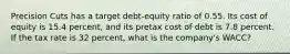 Precision Cuts has a target debt-equity ratio of 0.55. Its cost of equity is 15.4 percent, and its pretax cost of debt is 7.8 percent. If the tax rate is 32 percent, what is the company's WACC?