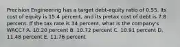 Precision Engineering has a target debt-equity ratio of 0.55. Its cost of equity is 15.4 percent, and its pretax cost of debt is 7.8 percent. If the tax rate is 34 percent, what is the company's WACC? A. 10.20 percent B. 10.72 percent C. 10.91 percent D. 11.48 percent E. 11.76 percent