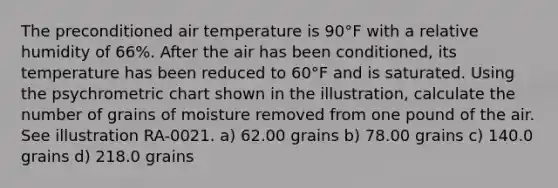 The preconditioned air temperature is 90°F with a relative humidity of 66%. After the air has been conditioned, its temperature has been reduced to 60°F and is saturated. Using the psychrometric chart shown in the illustration, calculate the number of grains of moisture removed from one pound of the air. See illustration RA-0021. a) 62.00 grains b) 78.00 grains c) 140.0 grains d) 218.0 grains