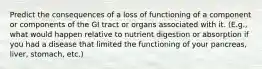 Predict the consequences of a loss of functioning of a component or components of the GI tract or organs associated with it. (E.g., what would happen relative to nutrient digestion or absorption if you had a disease that limited the functioning of your pancreas, liver, stomach, etc.)