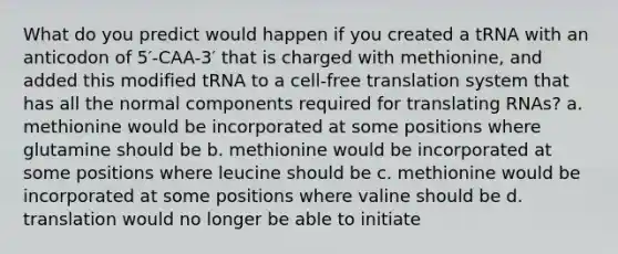 What do you predict would happen if you created a tRNA with an anticodon of 5′-CAA-3′ that is charged with methionine, and added this modified tRNA to a cell-free translation system that has all the normal components required for translating RNAs? a. methionine would be incorporated at some positions where glutamine should be b. methionine would be incorporated at some positions where leucine should be c. methionine would be incorporated at some positions where valine should be d. translation would no longer be able to initiate