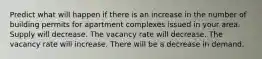 Predict what will happen if there is an increase in the number of building permits for apartment complexes issued in your area. Supply will decrease. The vacancy rate will decrease. The vacancy rate will increase. There will be a decrease in demand.