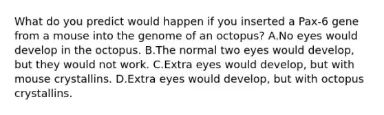 What do you predict would happen if you inserted a Pax-6 gene from a mouse into the genome of an octopus? A.No eyes would develop in the octopus. B.The normal two eyes would develop, but they would not work. C.Extra eyes would develop, but with mouse crystallins. D.Extra eyes would develop, but with octopus crystallins.