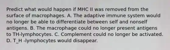 Predict what would happen if MHC II was removed from the surface of macrophages. A. The adaptive immune system would no longer be able to differentiate between self and nonself antigens. B. The macrophage could no longer present antigens to TH-lymphocytes. C. Complement could no longer be activated. D. T_H -lymphocytes would disappear.