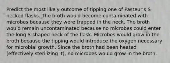 Predict the most likely outcome of tipping one of Pasteur's S-necked flasks. The broth would become contaminated with microbes because they were trapped in the neck. The broth would remain uncontaminated because no microbes could enter the long S-shaped neck of the flask. Microbes would grow in the broth because the tipping would introduce the oxygen necessary for microbial growth. Since the broth had been heated (effectively sterilizing it), no microbes would grow in the broth.