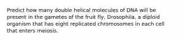 Predict how many double helical molecules of DNA will be present in the gametes of the fruit fly, Drosophila, a diploid organism that has eight replicated chromosomes in each cell that enters meiosis.