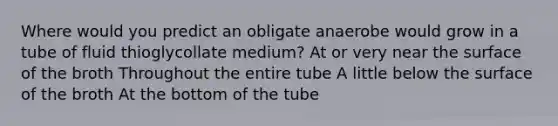 Where would you predict an obligate anaerobe would grow in a tube of fluid thioglycollate medium? At or very near the surface of the broth Throughout the entire tube A little below the surface of the broth At the bottom of the tube