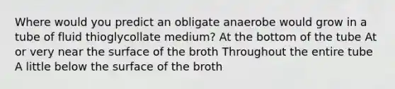 Where would you predict an obligate anaerobe would grow in a tube of fluid thioglycollate medium? At the bottom of the tube At or very near the surface of the broth Throughout the entire tube A little below the surface of the broth