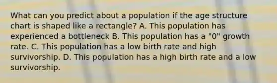 What can you predict about a population if the age structure chart is shaped like a rectangle? A. This population has experienced a bottleneck B. This population has a "0" growth rate. C. This population has a low birth rate and high survivorship. D. This population has a high birth rate and a low survivorship.