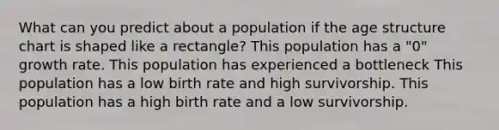 What can you predict about a population if the age structure chart is shaped like a rectangle? This population has a "0" growth rate. This population has experienced a bottleneck This population has a low birth rate and high survivorship. This population has a high birth rate and a low survivorship.