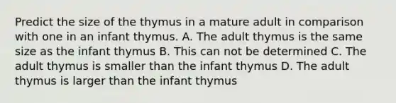 Predict the size of the thymus in a mature adult in comparison with one in an infant thymus. A. The adult thymus is the same size as the infant thymus B. This can not be determined C. The adult thymus is smaller than the infant thymus D. The adult thymus is larger than the infant thymus