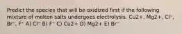 Predict the species that will be oxidized first if the following mixture of molten salts undergoes electrolysis. Cu2+, Mg2+, Cl⁻, Br⁻, F⁻ A) Cl⁻ B) F⁻ C) Cu2+ D) Mg2+ E) Br⁻