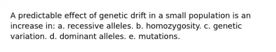 A predictable effect of genetic drift in a small population is an increase in: a. recessive alleles. b. homozygosity. c. genetic variation. d. dominant alleles. e. mutations.