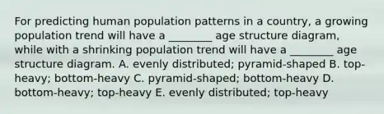 For predicting human population patterns in a country, a growing population trend will have a ________ age structure diagram, while with a shrinking population trend will have a ________ age structure diagram. A. evenly distributed; pyramid-shaped B. top-heavy; bottom-heavy C. pyramid-shaped; bottom-heavy D. bottom-heavy; top-heavy E. evenly distributed; top-heavy