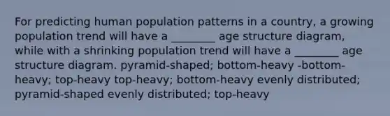 For predicting human population patterns in a country, a growing population trend will have a ________ age structure diagram, while with a shrinking population trend will have a ________ age structure diagram. pyramid-shaped; bottom-heavy -bottom-heavy; top-heavy top-heavy; bottom-heavy evenly distributed; pyramid-shaped evenly distributed; top-heavy