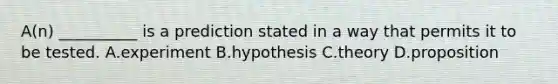 A(n) __________ is a prediction stated in a way that permits it to be tested. A.experiment B.hypothesis C.theory D.proposition