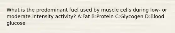 What is the predominant fuel used by muscle cells during low- or moderate-intensity activity? A:Fat B:Protein C:Glycogen D:Blood glucose