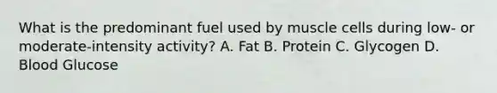 What is the predominant fuel used by muscle cells during low- or moderate-intensity activity? A. Fat B. Protein C. Glycogen D. Blood Glucose