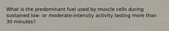 What is the predominant fuel used by muscle cells during sustained low- or moderate-intensity activity lasting more than 30 minutes?