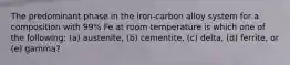 The predominant phase in the iron-carbon alloy system for a composition with 99% Fe at room temperature is which one of the following: (a) austenite, (b) cementite, (c) delta, (d) ferrite, or (e) gamma?