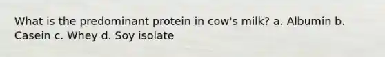 What is the predominant protein in cow's milk? a. Albumin b. Casein c. Whey d. Soy isolate