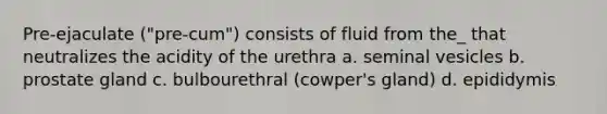 Pre-ejaculate ("pre-cum") consists of fluid from the_ that neutralizes the acidity of the urethra a. seminal vesicles b. prostate gland c. bulbourethral (cowper's gland) d. epididymis