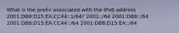 What is the prefix associated with the IPv6 address 2001:DB8:D15:EA:CC44::1/64? 2001::/64 2001:DB8::/64​ 2001:DB8:D15:EA:CC44::/64​ 2001:DB8:D15:EA::/64​