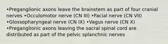 •Preganglionic axons leave <a href='https://www.questionai.com/knowledge/kLMtJeqKp6-the-brain' class='anchor-knowledge'>the brain</a>stem as part of four <a href='https://www.questionai.com/knowledge/kE0S4sPl98-cranial-nerves' class='anchor-knowledge'>cranial nerves</a> •Occulomotor nerve (CN III) •Facial nerve (CN VII) •Glossopharyngeal nerve (CN IX) •Vagus nerve (CN X) •Preganglionic axons leaving the sacral spinal cord are distributed as part of the pelvic splanchnic nerves