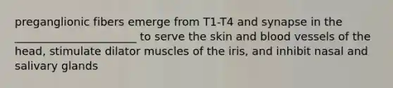 preganglionic fibers emerge from T1-T4 and synapse in the ______________________ to serve the skin and <a href='https://www.questionai.com/knowledge/kZJ3mNKN7P-blood-vessels' class='anchor-knowledge'>blood vessels</a> of the head, stimulate dilator muscles of the iris, and inhibit nasal and salivary glands