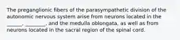 The preganglionic fibers of the parasympathetic division of the autonomic nervous system arise from neurons located in the ______, ________, and the medulla oblongata, as well as from neurons located in the sacral region of the spinal cord.