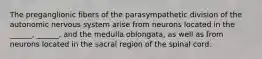 The preganglionic fibers of the parasympathetic division of the autonomic nervous system arise from neurons located in the ______, ______, and the medulla oblongata, as well as from neurons located in the sacral region of the spinal cord.