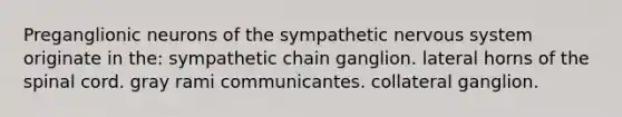 Preganglionic neurons of the sympathetic nervous system originate in the: sympathetic chain ganglion. lateral horns of the spinal cord. gray rami communicantes. collateral ganglion.